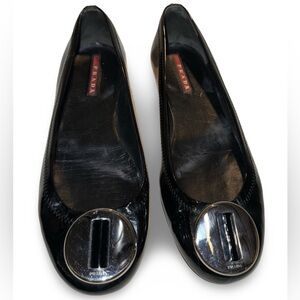Prada black patent leather flats with silver Prada buckle Sz 6.5